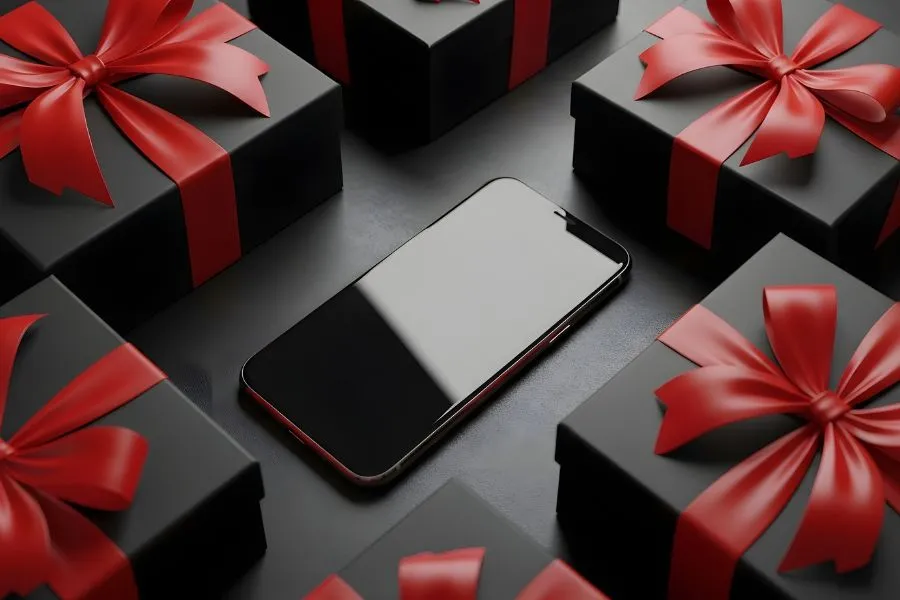 Smart phone next to Shristmas presents